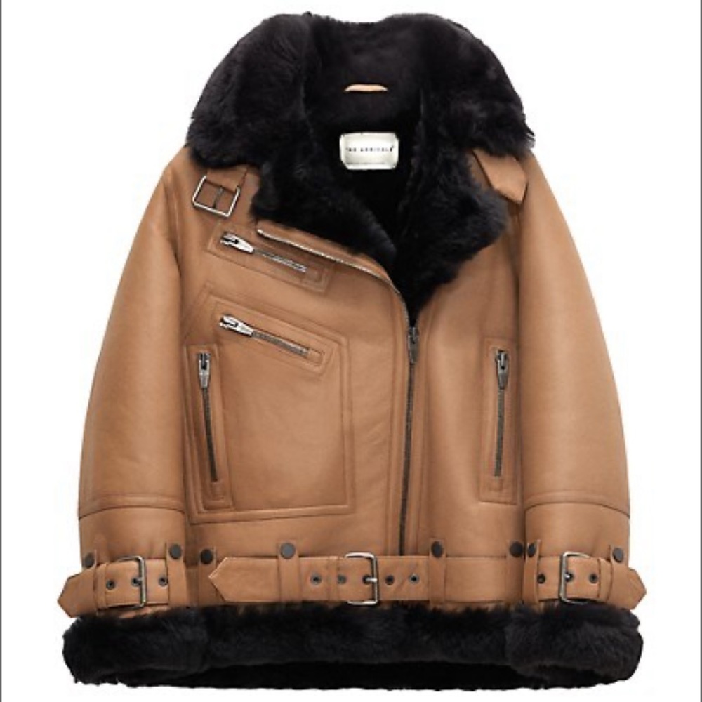 The Arrivals Moya Leather & Shearling Moto Jacket in Earth and size L